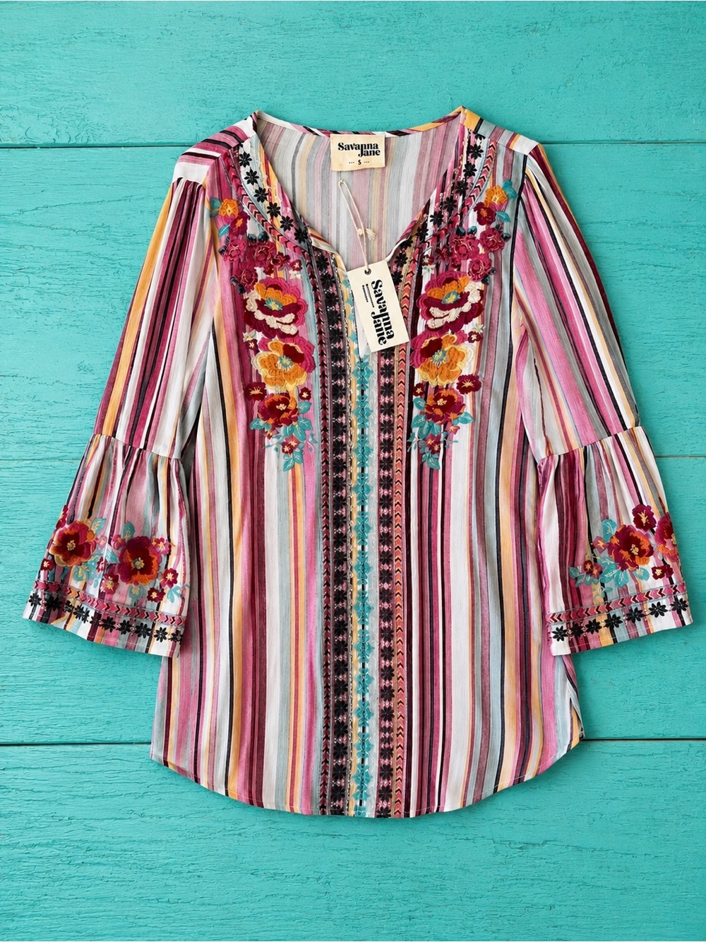 SAVANNA JANE FIESTA LONGLINE STRIPED EMBROIDERED BOHO TUNIC TOP NWT